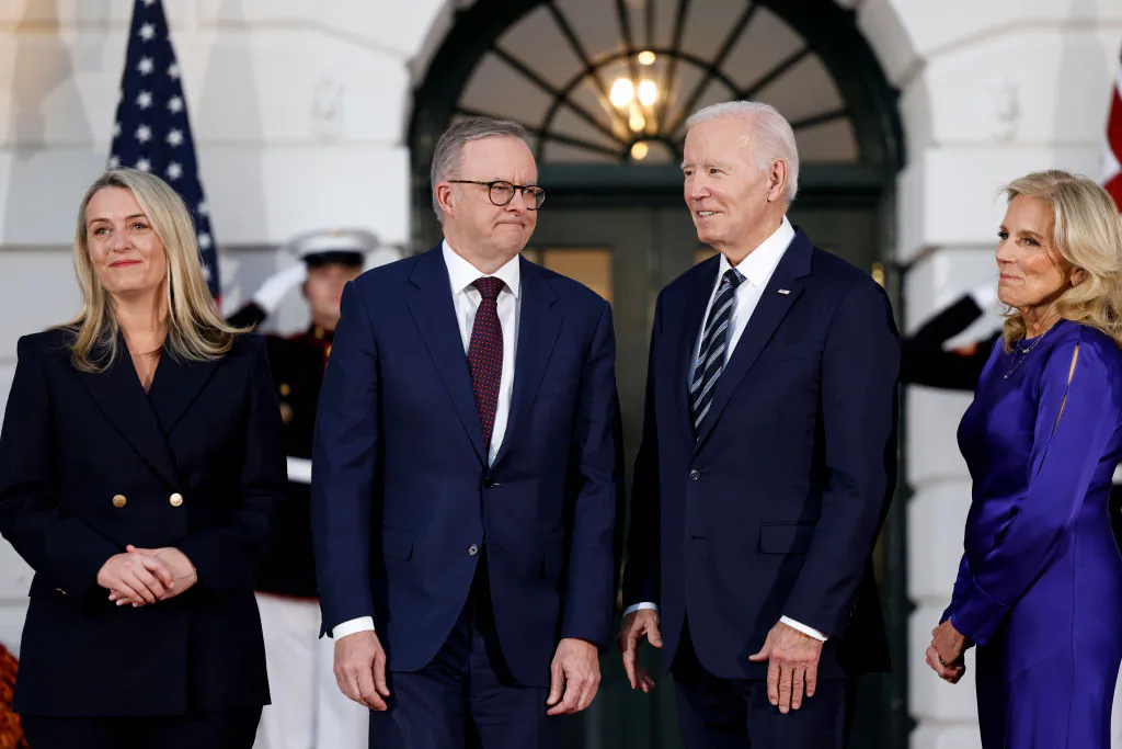 Jodie Haydon, Prime Minister of Australia Anthony Albanese, U.S. President Joe Biden and First Lady Jill Biden pose for photos after the arrival of Mr. Albanese on the South Lawn of the White House in Washington, DC on Oct. 24, 2023. (Anna Moneymaker/Getty Images)