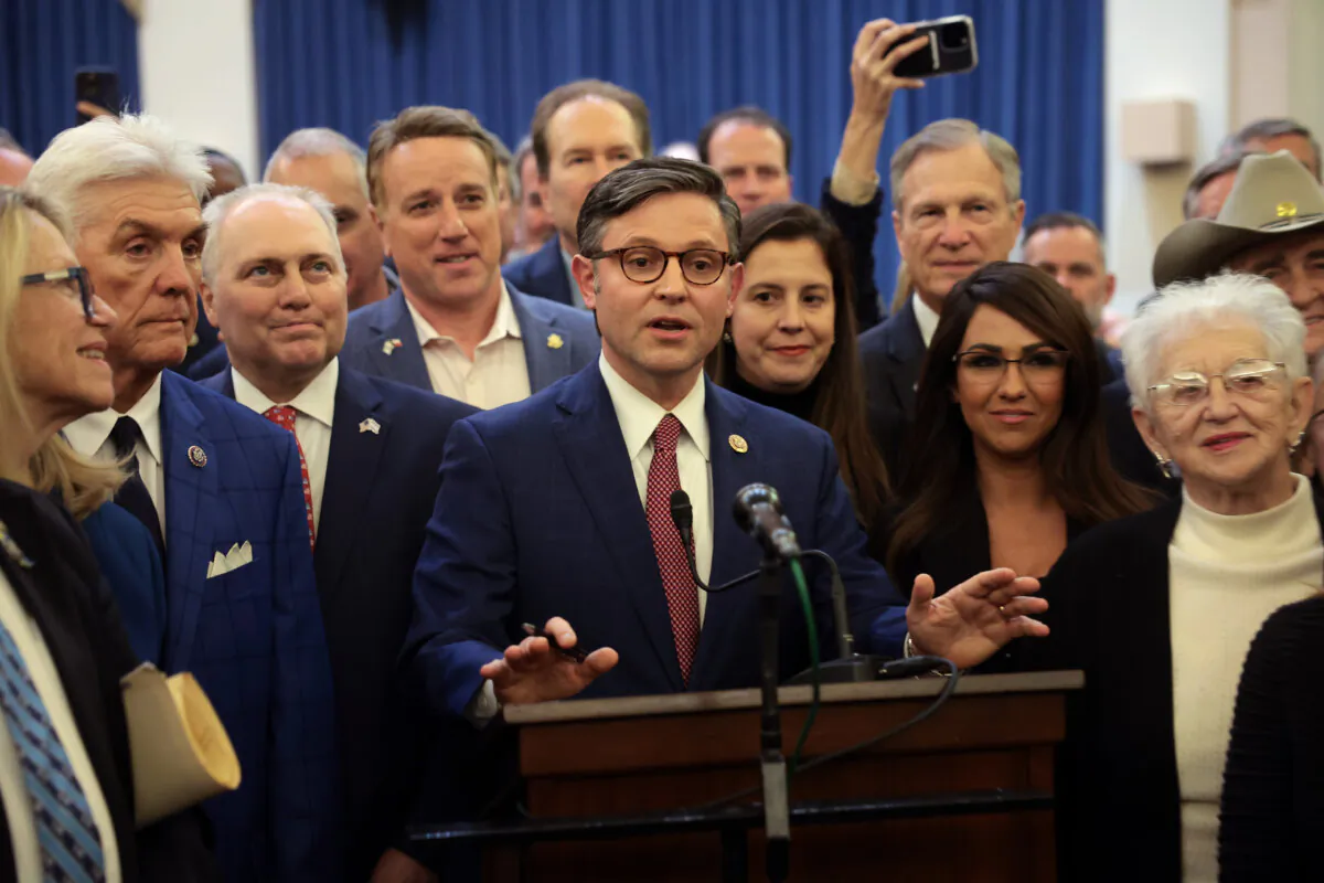 Rep. Mike Johnson (R-La.) speaks alongside fellow House Republicans after he was elected as the Republican House speaker nominee during a GOP conference meeting in the Longworth House Office Building on Capitol Hill in Washington on Oct. 24, 2023. (Win McNamee/Getty Images)