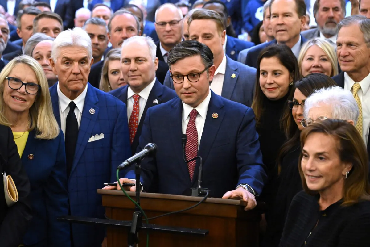 Mike Johnson (C) (R-La.) speaks after being nominated by Republicans for speaker of the House of Representatives at Capitol Hill, in Washington on Oct. 24, 2023. (Saul Loeb/AFP via Getty Images)