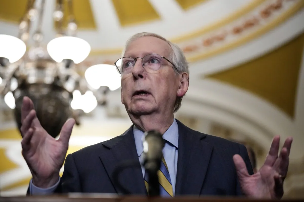 Senate Minority Leader Mitch McConnell (R-Ky.) speaks to reporters after a closed-door lunch meeting with Senate Republicans at the U.S. Capitol in Washington on Oct. 24, 2023. (Drew Angerer/Getty Images)