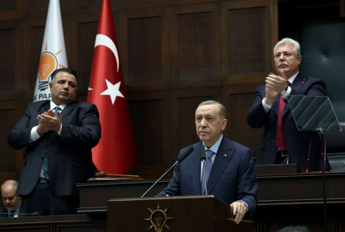 Turkey's president and leader of the Justice and Development (AK) Party, Recep Tayyip Erdogan (C), delivers a speech during his party's group meeting at the Turkish Grand National Assembly in Ankara on Oct. 25, 2023. (Adem Altan/AFP via Getty Images)
