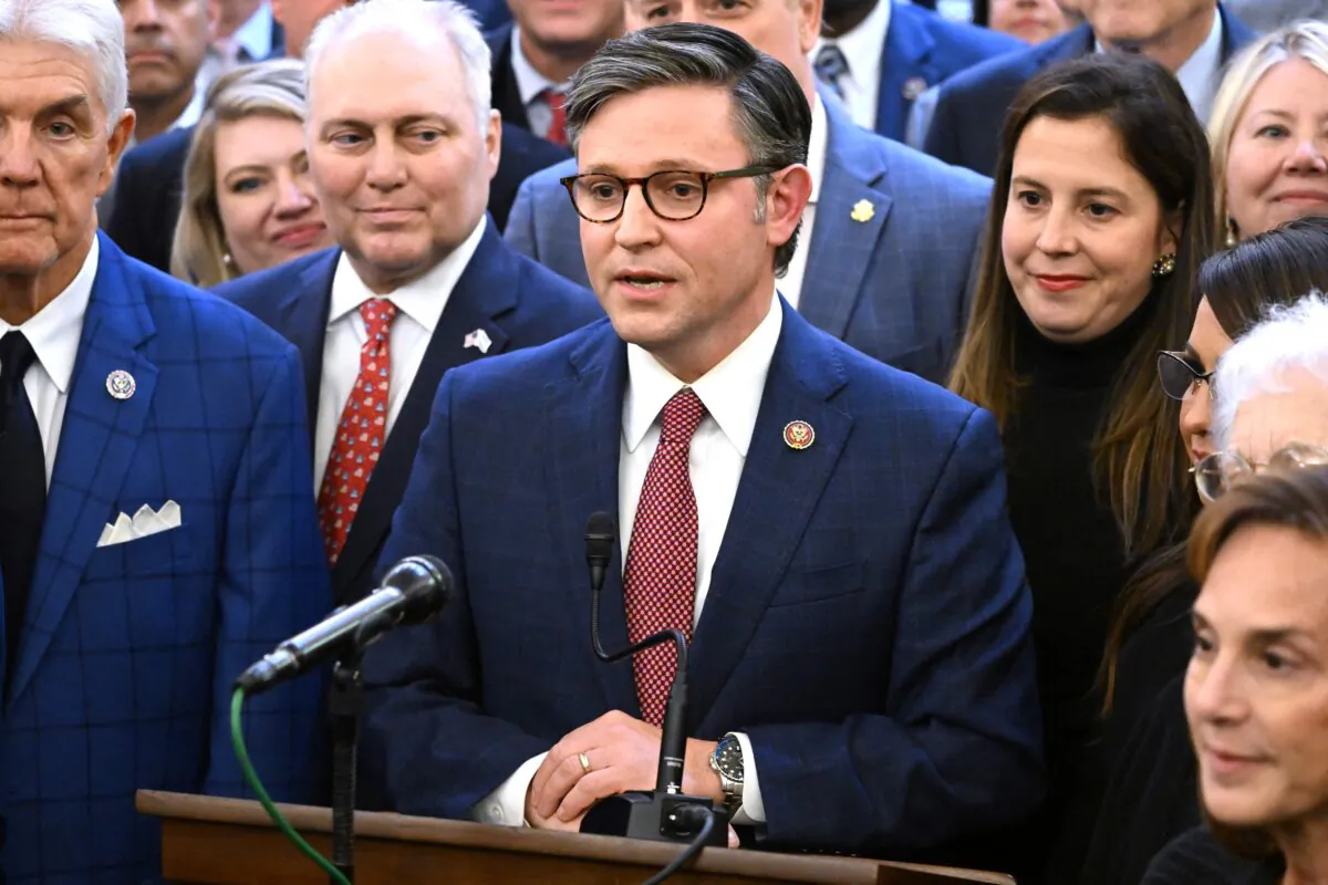 Mike Johnson (R-La.) speaks after being nominated Republican speaker of the House, at Capitol Hill in Washington on Oct. 24, 2023. (Saul Loeb/AFP via Getty Images)