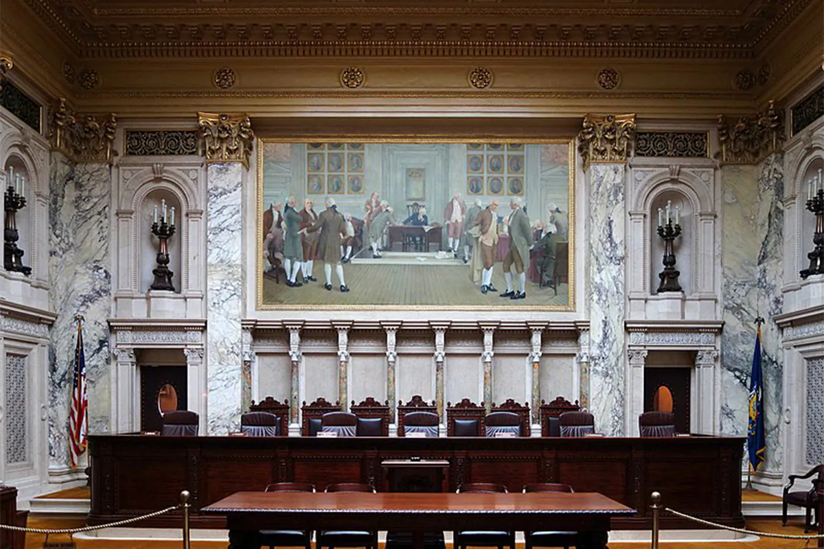 An interior view of the Wisconsin Supreme Court courtroom, inside the Wisconsin State Capitol building in Madison. (Public Domain)