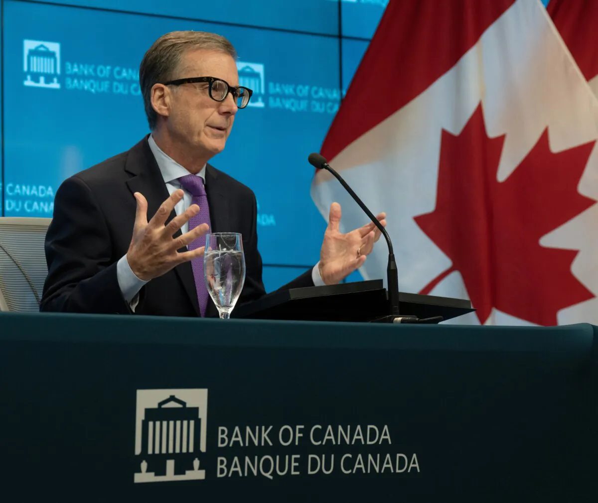 Bank of Canada governor Tiff Macklem speaks at a news conference following an interest rate announcement, in Ottawa on Oct. 25, 2023. The central bank held its policy rate at 5 percent on Dec. 6, 2023. (The Canadian Press/Adrian Wyld)