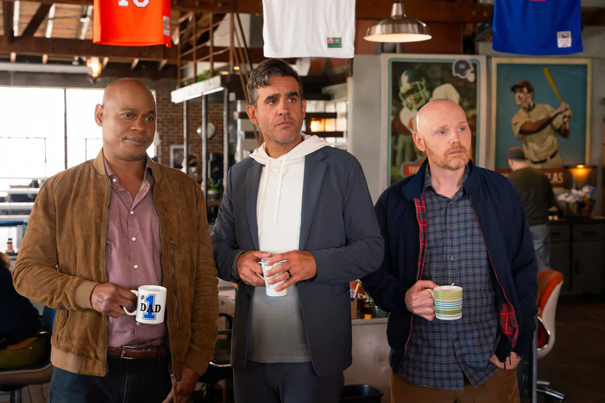 (L–R) Long time buddies Mike Richards (Bokeem Woodbine), Connor Brody (Bobby Cannavale), and Jack Kelly (Bill Burr) are not happy with the changes happening to the business they just sold, in "Old Dads." (Netflix)