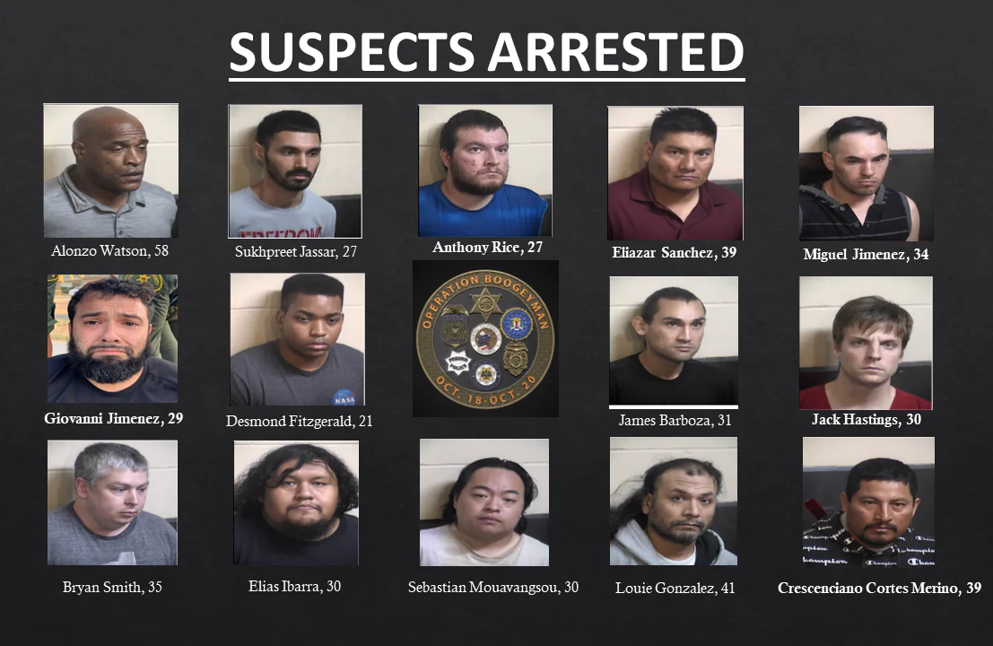 Law enforcement arrested 14 men from Fresno and Tulare counties in central California during a three-day operation targeting child sex trafficking, it was announced Oct. 24, 2023. (Courtesy of the Fresno County Sheriff's Office)