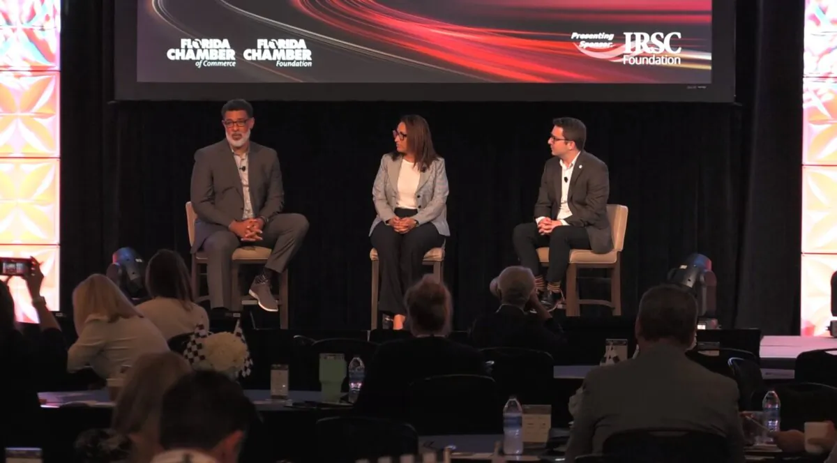 Mark Shamley (L), Monesia Brown (C), and Kyle Baltuch (R) speak at the Chamber's event on Oct. 23, 2023. (Florida Chamber of Commerce / via Eventowl.net)
