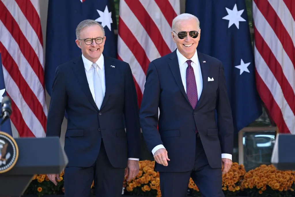 US President Joe Biden and Australia's Prime Minister Anthony Albanese arrive to hold a joint press conference at the Rose Garden of the White House in Washington, DC, on October 25, 2023. (Photo by SAUL LOEB / AFP) (Photo by SAUL LOEB/AFP via Getty Images)