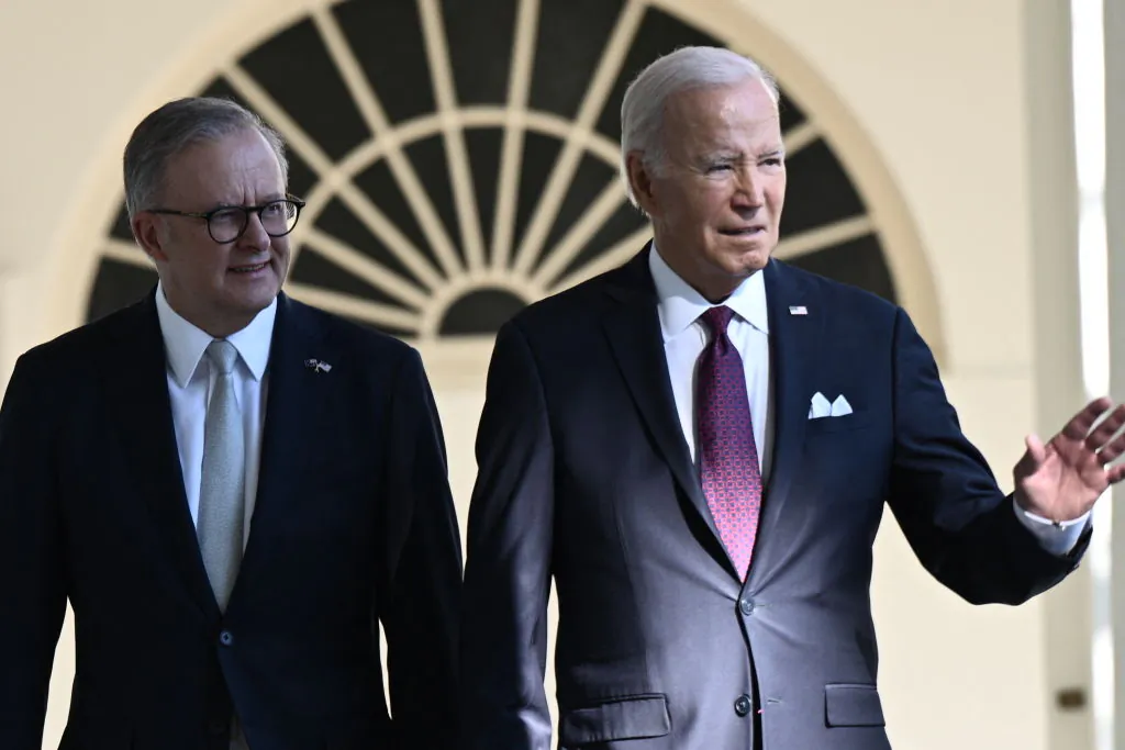 US President Joe Biden (R) and Australia's Prime Minister Anthony Albanese walk along the colonnade of the White House in Washington, DC on Oct.25, 2023. (Brendan Smialowski/AFP via Getty Images)