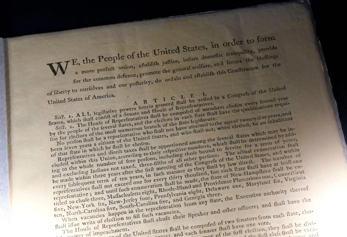A first printing of the U.S. Constitution on display at Sotheby's auction house in New York, on Nov. 30, 2022. (Timothy A. Clary/AFP via Getty Images)
