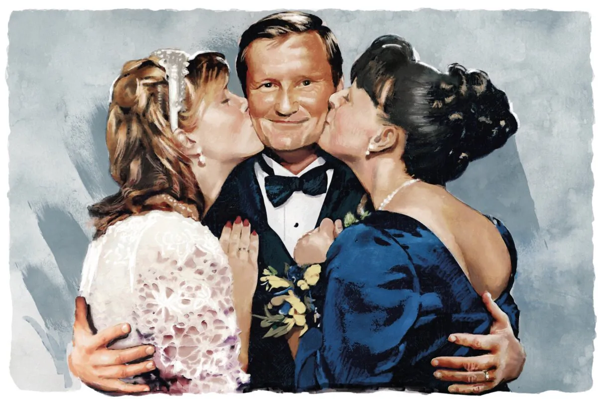 The author’s
father, Tom
Teasel, poses
for pictures
with the author
(L) on her
wedding day,
alongside the
author’s sister. (Biba Kayewich for American Essence)