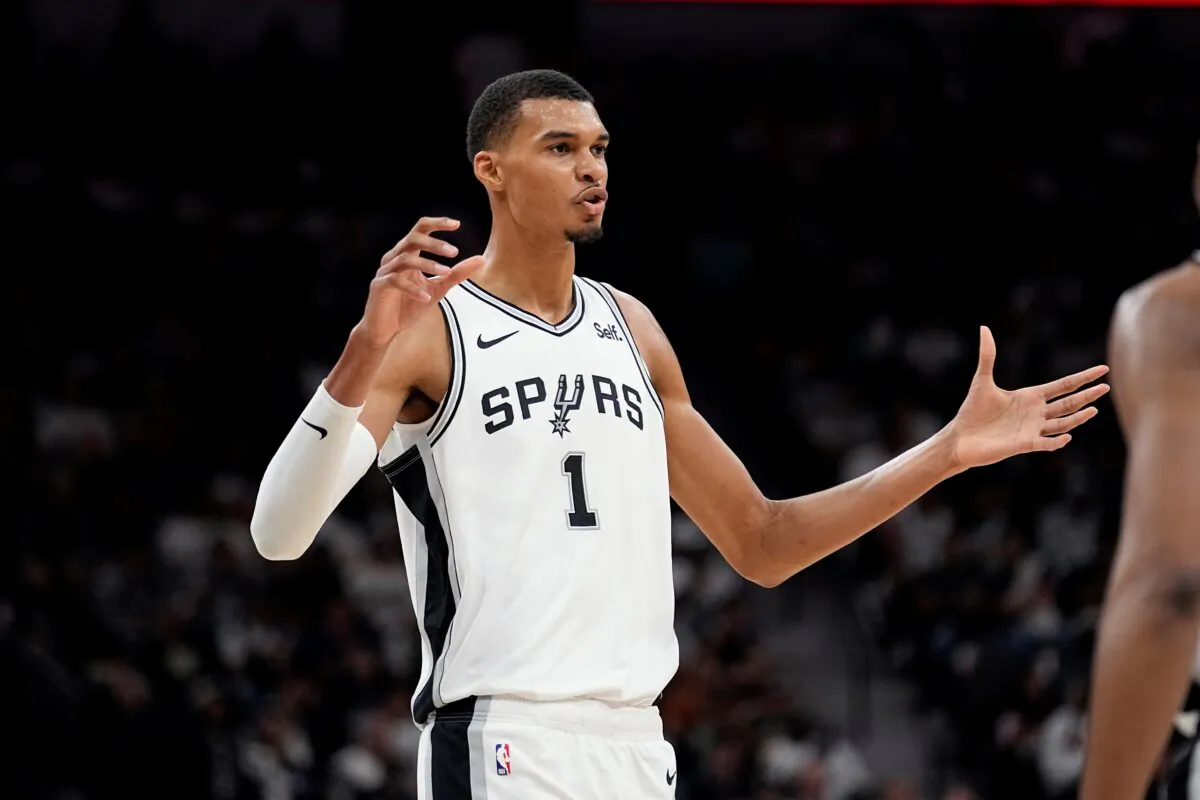 San Antonio Spurs center Victor Wembanyama celebrates a play during the first half of the team's NBA basketball game against the Dallas Mavericks in San Antonio, Texas, on Oct. 25, 2023. (Eric Gay/AP Photo)
