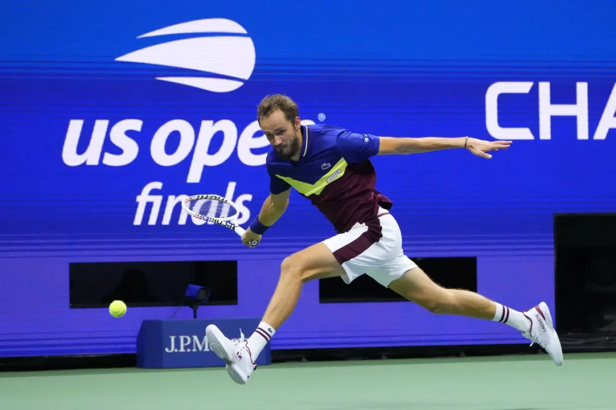 Daniil Medvedev hits a forehand against Novak Djokovic of Serbia (not pictured) in the men's singles final on day fourteen of the 2023 U.S. Open tennis tournament at USTA Billie Jean King National Tennis Center in Flushing, N.Y., on Sept. 10, 2023. (Robert Deutsch/USA TODAY Sports via Field Level Media)