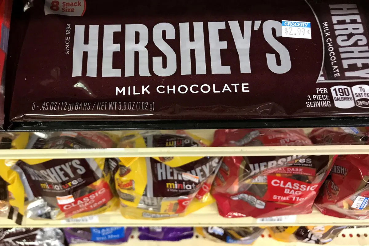Hershey's chocolates are displayed on a store shelf in New York City on July 19, 2017. (Carlo Allegri/Reuters)