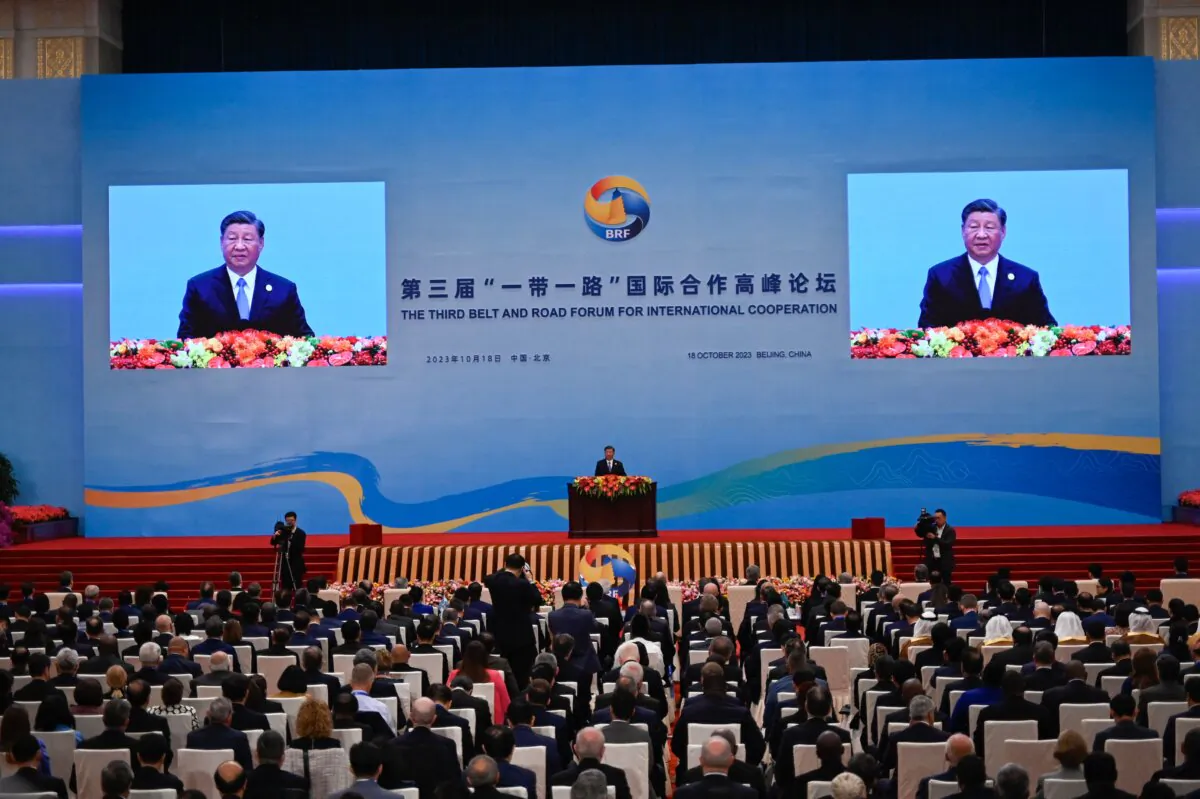 Chinese leader Xi Jinping speaks during the opening ceremony of the third Belt and Road Forum for International Cooperation at the Great Hall of the People in Beijing on Oct. 18, 2023. (Pedro Pardo/AFP via Getty Images)