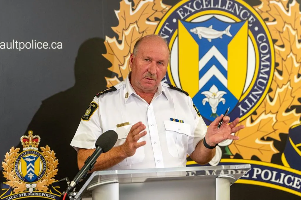 Sault Ste. Marie Police Chief Hugh Stevenson provides an update during a media availability in Sault Ste. Marie, Ont., on Oct. 25, 2023. (The Canadian Press/Bob Davies)