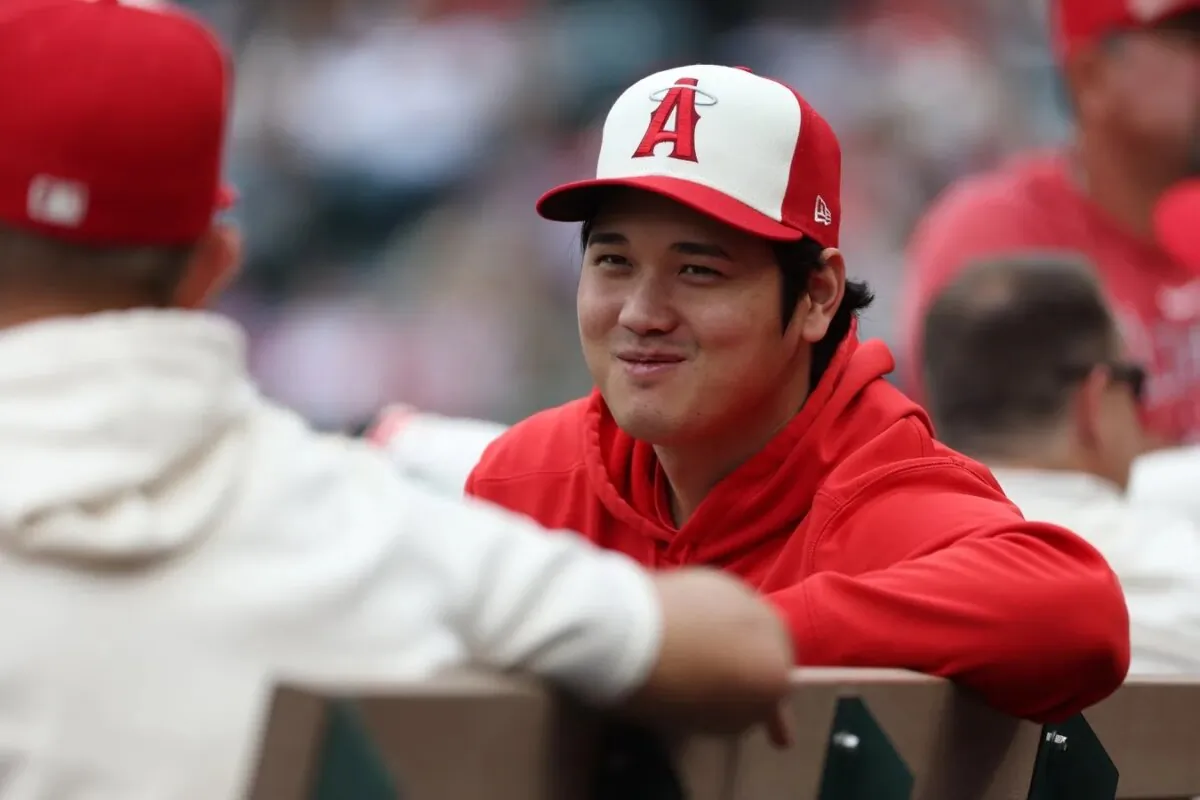 Los Angeles Angels two-way player Shohei Ohtani (17) sits in the dugout during the MLB game against the Detroit Tigers at Angel Stadium in Anaheim, Calif., on Sept. 17, 2023. (Kiyoshi Mio/USA TODAY Sports via Field Level Media)