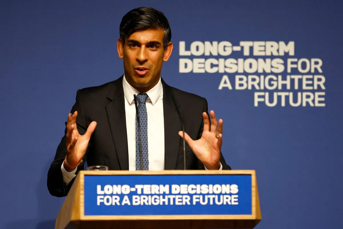Britain's Prime Minister Rishi Sunak delivers a speech on artificial intelligence in London on Oct. 26, 2023. (Peter Nicholls/POOL/AFP via Getty Images)