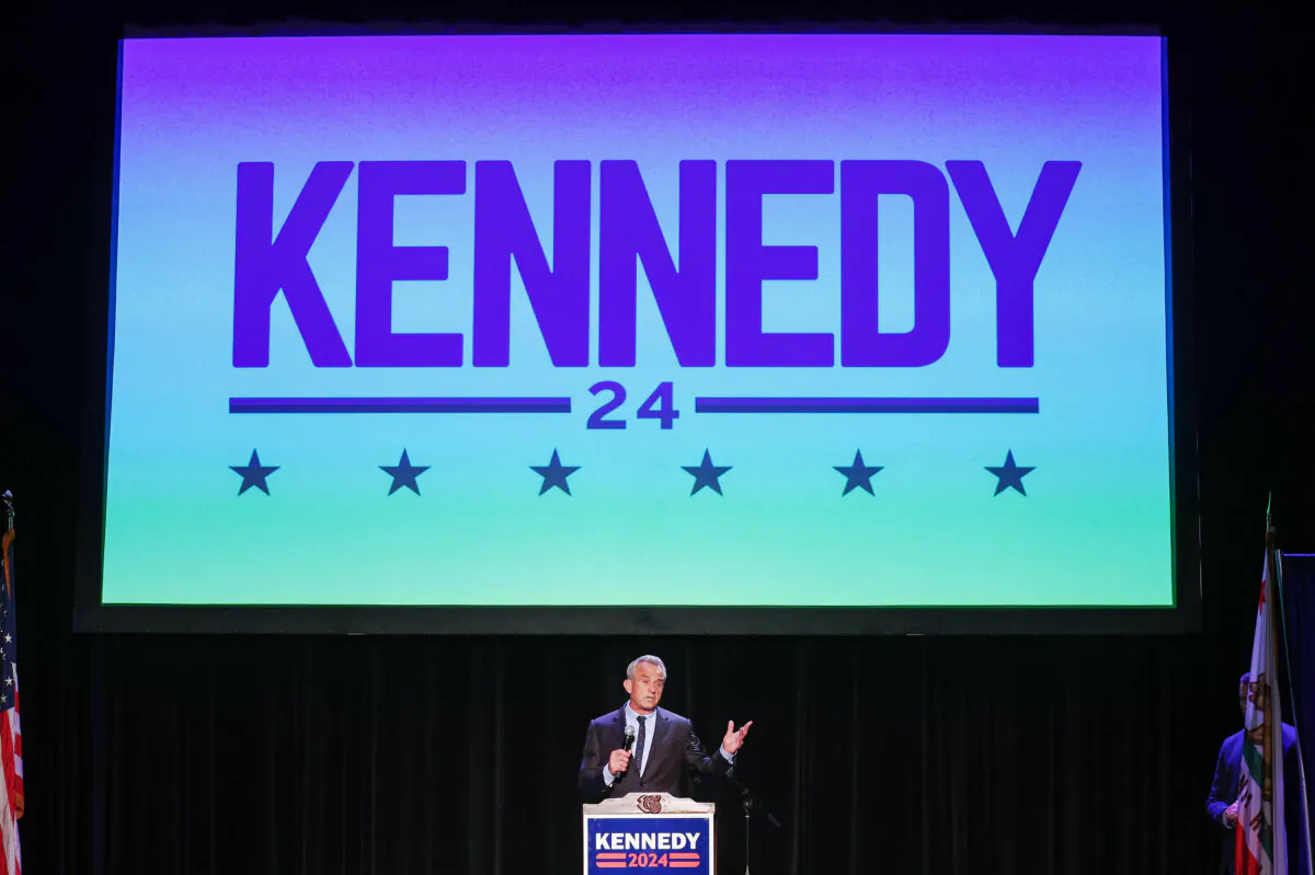 Presidential candidate Robert F. Kennedy Jr., 69, speaks at a Hispanic Heritage Month event at Wilshire Ebell Theatre in Los Angeles, Calif., on Sept. 15, 2023. (Mario Tama/Getty Images)