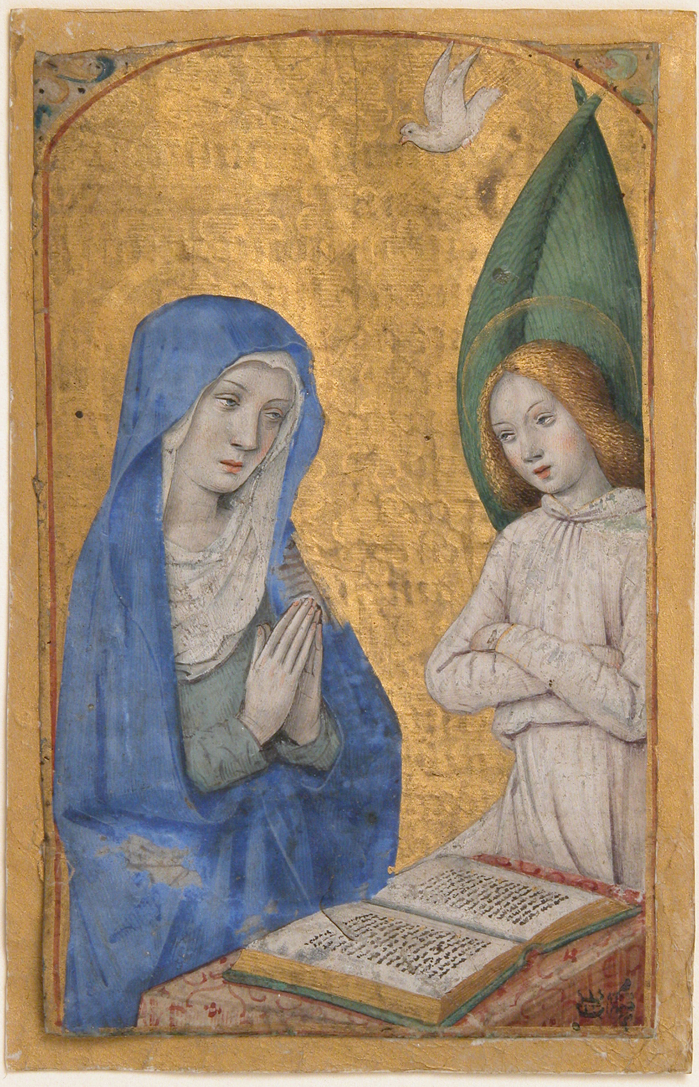 Manuscript Leaf with the Annunciation from a Book of Hours, circa 1485–1490, by Jean Bourdichon. Tempera and shell gold on parchment. The Metropolitan Museum of Art, New York City. (Public Domain)