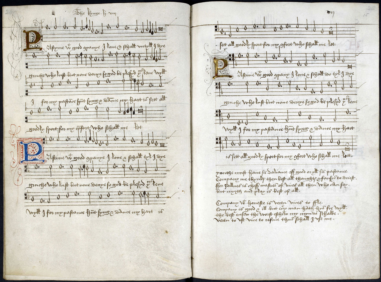 facsimile of the scores for Pastime with good company, by King Henry VIII