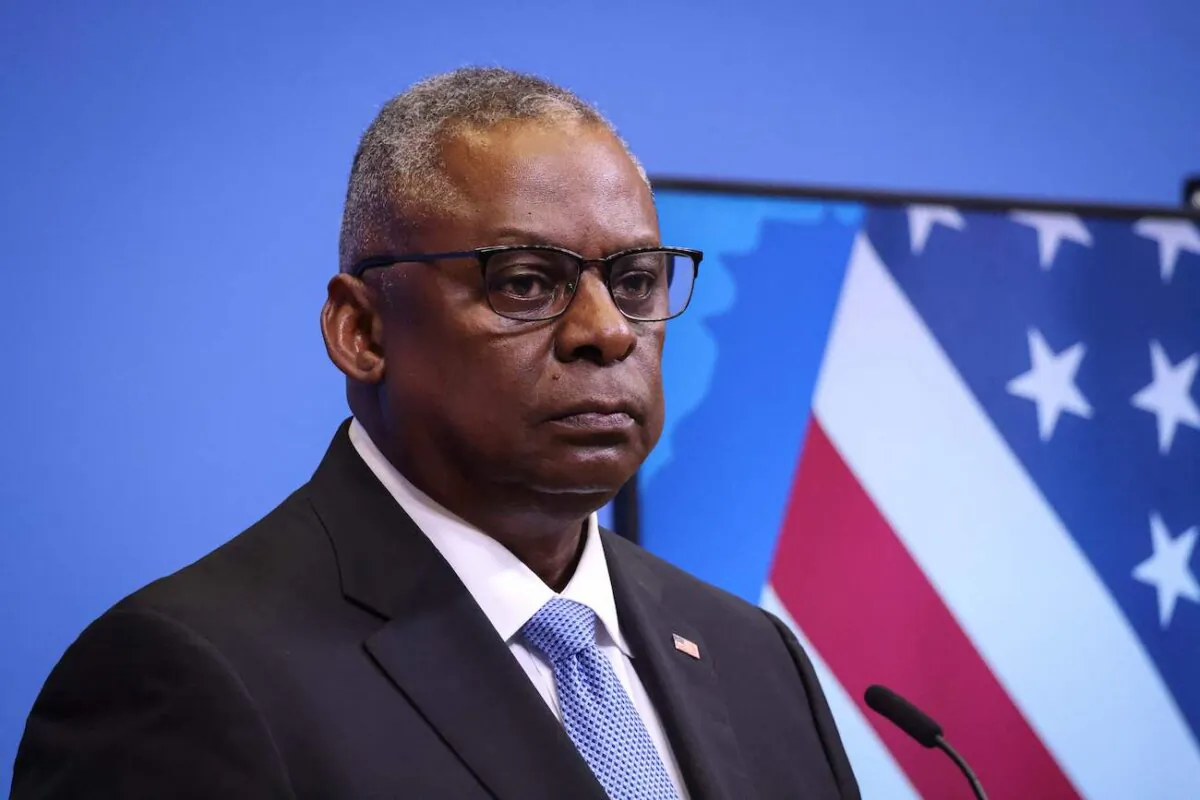 Defense Secretary Lloyd Austin at a press conference at the NATO headquarters in Brussels on Oct. 12, 2023. (Simon Wohlfahrt/AFP via Getty Images)