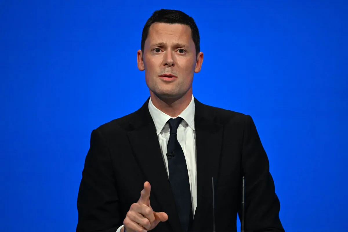 Britain's Justice Secretary Alex Chalk addresses delegates at the annual Conservative Party Conference in Manchester, northern England, on Oct. 3, 2023. (Justin Tallis/AFP via Getty Images)