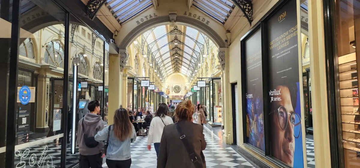 Shoppers walk down the Royal Arcade in central Melbourne, Australia, on Oct. 27, 2023. (Susan Mortimer/The Epoch Times)