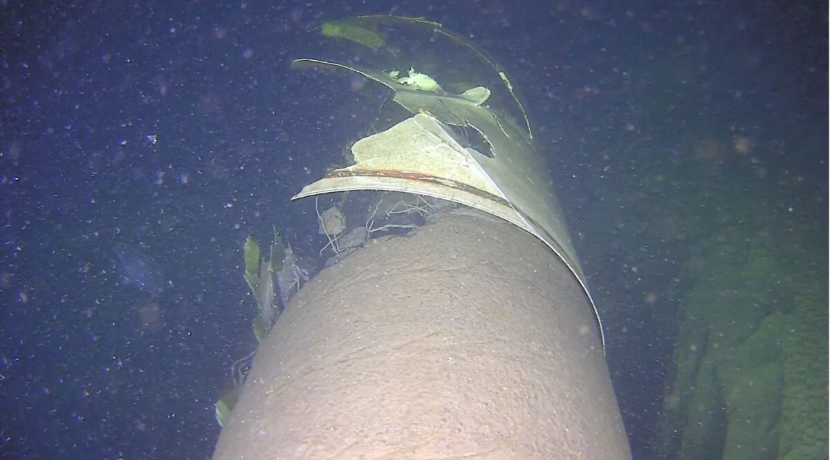 A damaged Balticconnector gas pipeline that connects Finland and Estonia is pictured in this undated handout picture in the Baltic Sea. (Finnish Border Guard/Handout via Reuters)