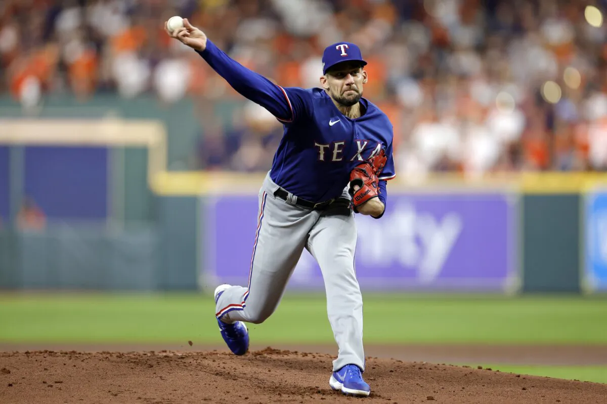 Nathan Eovaldi (17) of the Texas Rangers throws a pitch against the Houston Astros during the first inning in Game Six of the American League Championship Series at Minute Maid Park in Houston on Oct. 22, 2023. (Carmen Mandato/Getty Images)