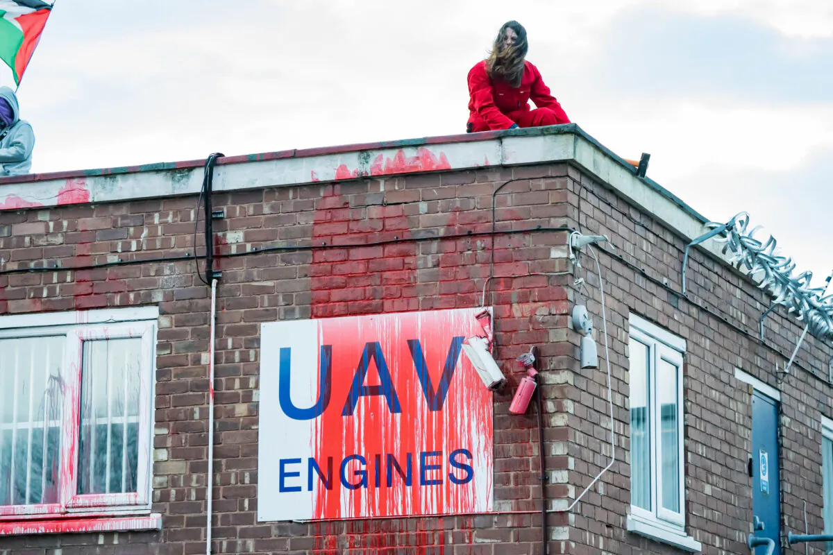 Palestine Action protesters pour paint on the Israeli-owned UAV Engines factory, part of Elbit Systems UK, at Shenstone, Lichfield, Staffordshire, on Oct. 27, 2023. (Palestinian Action)