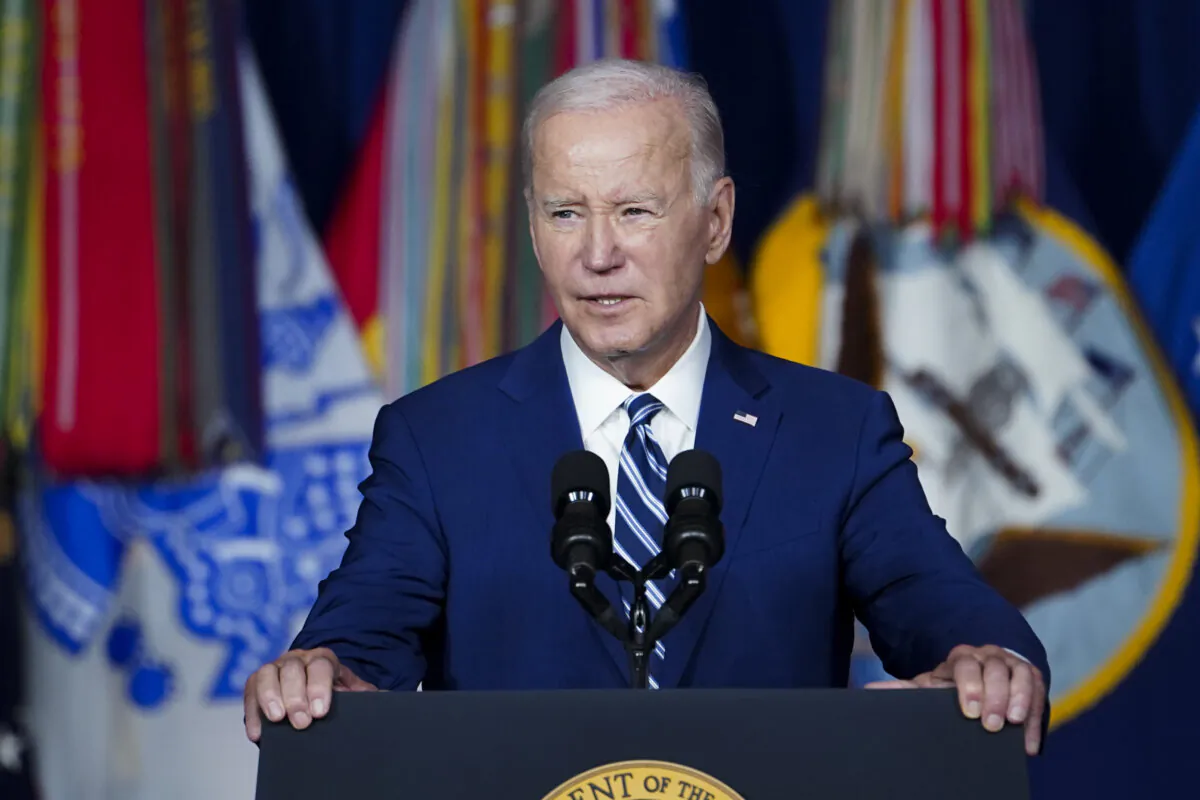 President Joe Biden delivers a speech to mark the one-year anniversary of his signing into law the Promise to Address Comprehensive Toxics (PACT) Act at the George E. Wahlen Department of Veterans Affairs Medical Center in Salt Lake City, Utah, on Aug. 10, 2023. (Madalina Vasiliu/The Epoch Times)