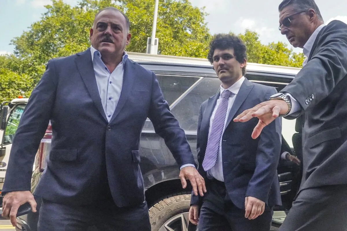 FTX founder Sam Bankman-Fried arrives at Manhattan federal court in New York on Aug. 11, 2023. (Bebeto Matthews/AP Photo)
