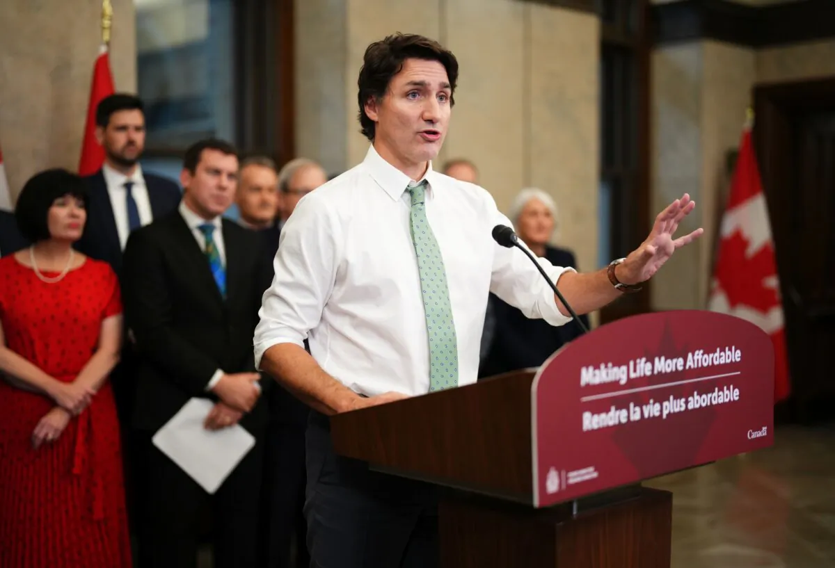 Prime Minister Justin Trudeau makes an announcement about the carbon tax during a news conference in Ottawa on Oct. 26, 2023. (The Canadian Press/Sean Kilpatrick)