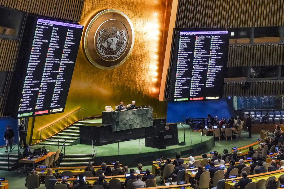 Results are displayed as the U.N. General Assembly voted for a non-binding resolution calling for a "humanitarian truce" in Gaza and a cessation of hostilities, at U.N. headquarters in New York City, on Oct. 27, 2023. (Bebeto Matthews/AP Photo)