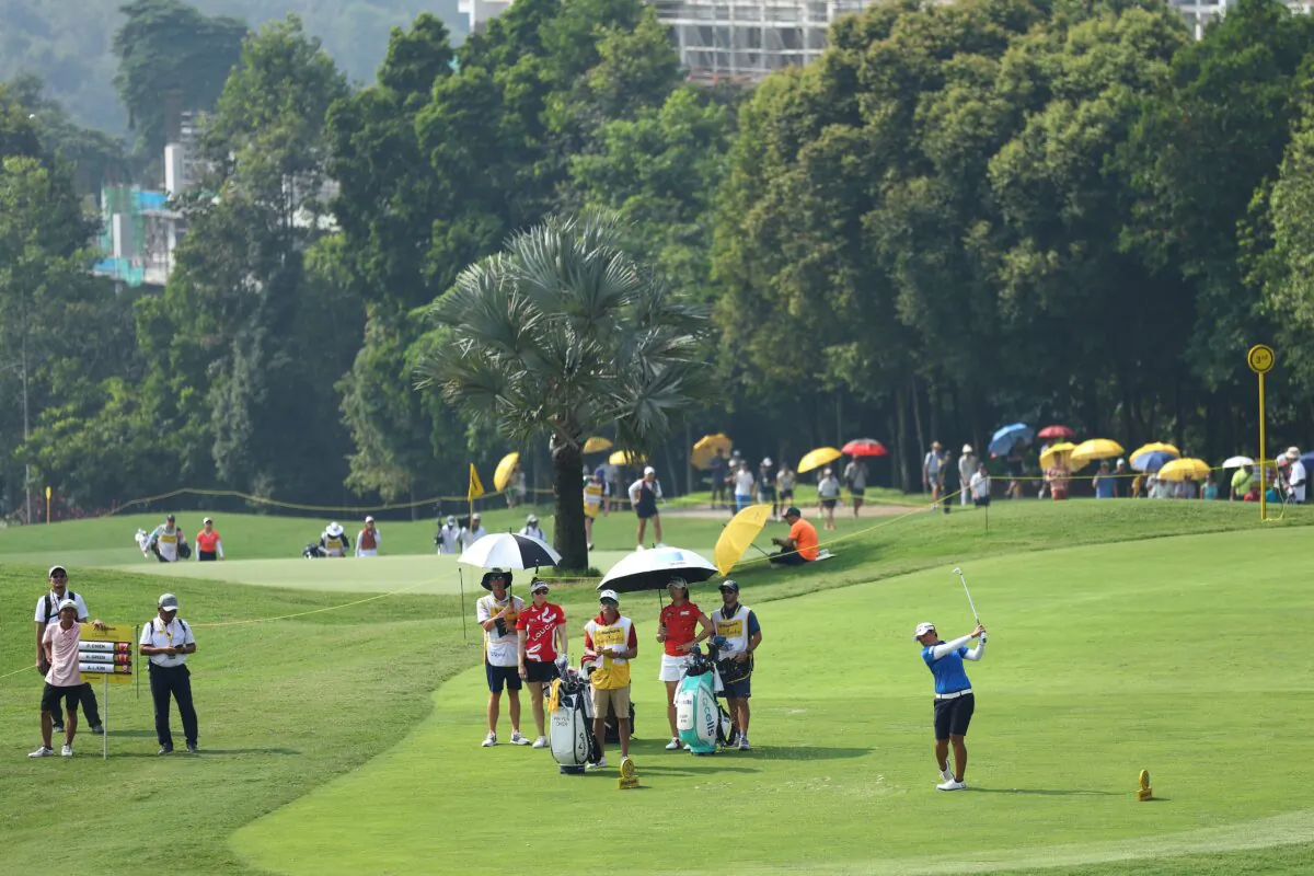 Peiyun Chien of Chinese Taipei tees off on the 4th hole during the third round of the Maybank Championship at Kuala Lumpur Golf and Country Club in Kuala Lumpur, Malaysia, on Oct. 28, 2023. (Yong Teck Lim/Getty Images)