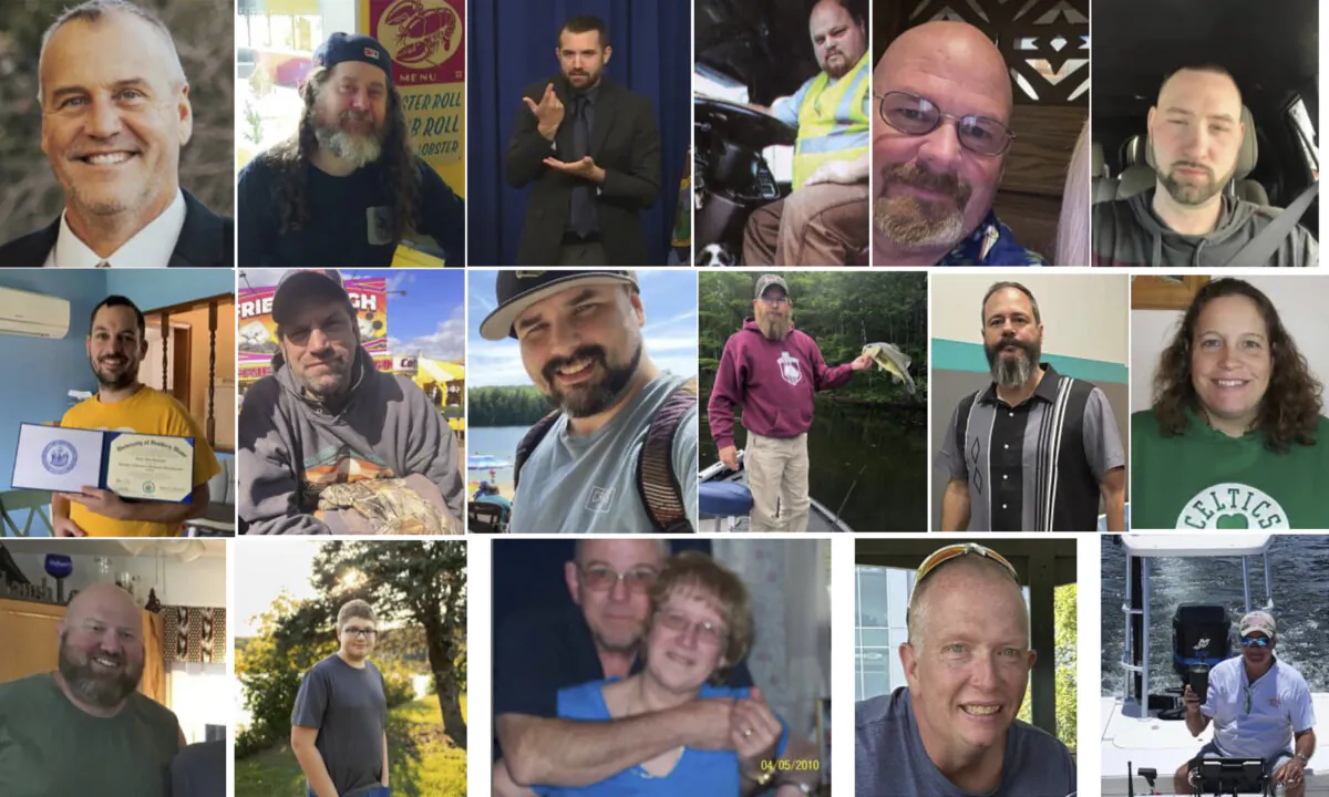 (Top L–R) Victims of the Maine Shooting Ronald G. Morin, Peyton Brewer-Ross, Joshua A. Seal, Bryan M. MacFarlane, Joseph Lawrence Walker, Arthur Fred Strout. (Second row L–R) Maxx A. Hathaway, Stephen M. Vozzella, Thomas Ryan Conrad, Michael R. Deslauiers II, Jason Adam, Tricia C. Asselin. (Third row L–R) William A. Young, Aaron Young, Robert E. Violette and Lucille M. Violette, William Frank, Keith D. Macneir. (Maine Department of Public Safety via AP)