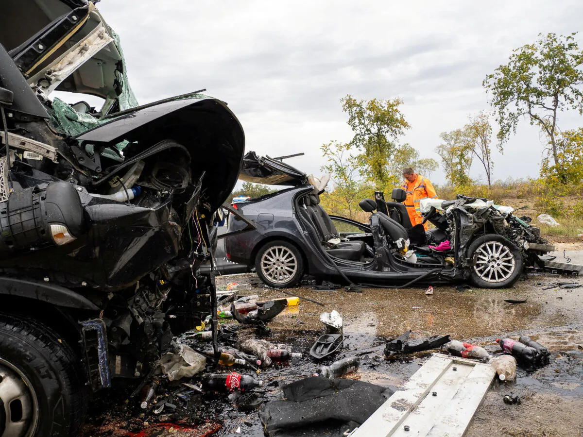 A crashed car carrying migrants is seen near Asotthalom, Hungary, near the Serbian border, October 27, 2023. (REUTERS/Stringer)
