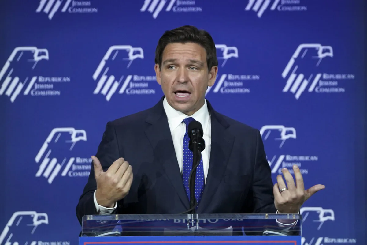 Republican presidential candidate and Florida Gov. Ron DeSantis speaks during the Republican Jewish Coalition in Las Vegas, Nev., on Oct. 28, 2023. (Madalina Vasiliu/The Epoch Times)