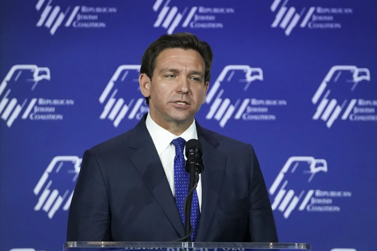 Republican presidential candidate and Florida Gov. Ron DeSantis speaks during the Republican Jewish Coalition in Las Vegas, Nev., on Oct. 28, 2023. (Madalina Vasiliu/The Epoch Times)