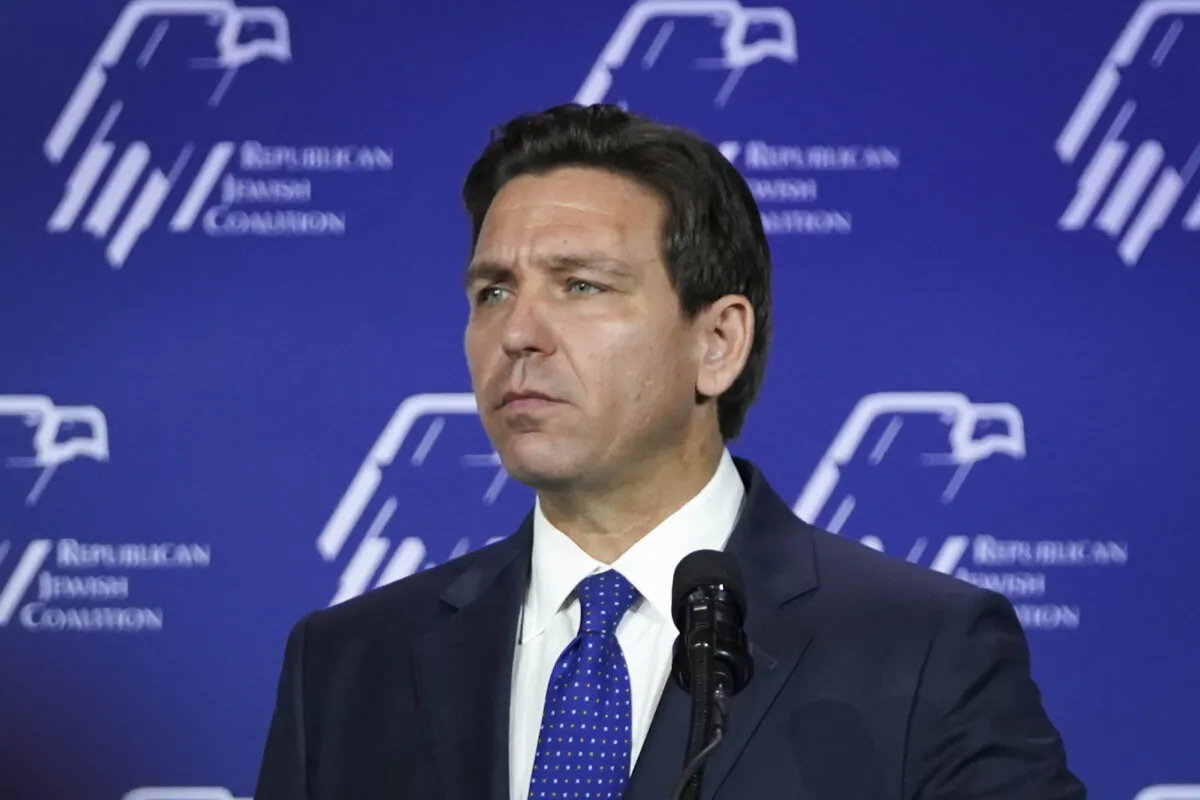 Republican presidential candidate and Florida Gov. Ron DeSantis speaks during the Republican Jewish Coalition in Las Vegas, Nev., on Oct. 28, 2023. (Madalina Vasiliu/The Epoch Times)