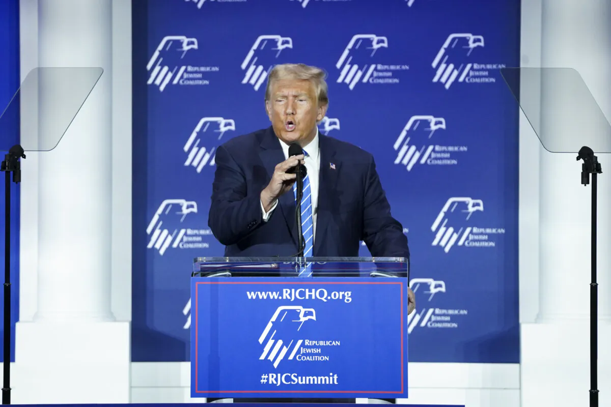 Republican presidential candidate and former President Donald J. Trump speaks during the Republican Jewish Coalition in Las Vegas, Nev., on Oct. 28, 2023. (Madalina Vasiliu/The Epoch Times)