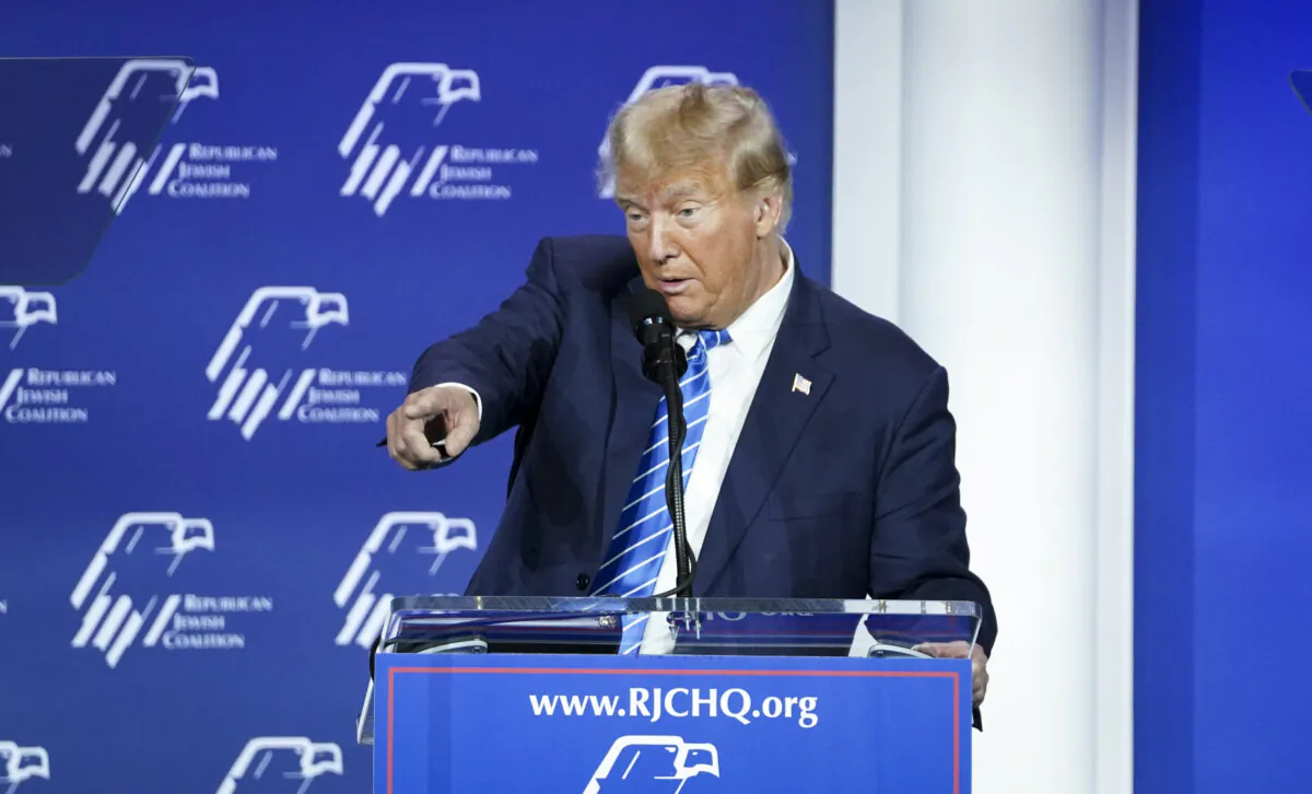 Republican presidential candidate and former U.S. President Donald J. Trump speaks during the Republican Jewish Coalition in Las Vegas, Nev., on Oct. 28, 2023. (Madalina Vasiliu/The Epoch Times)