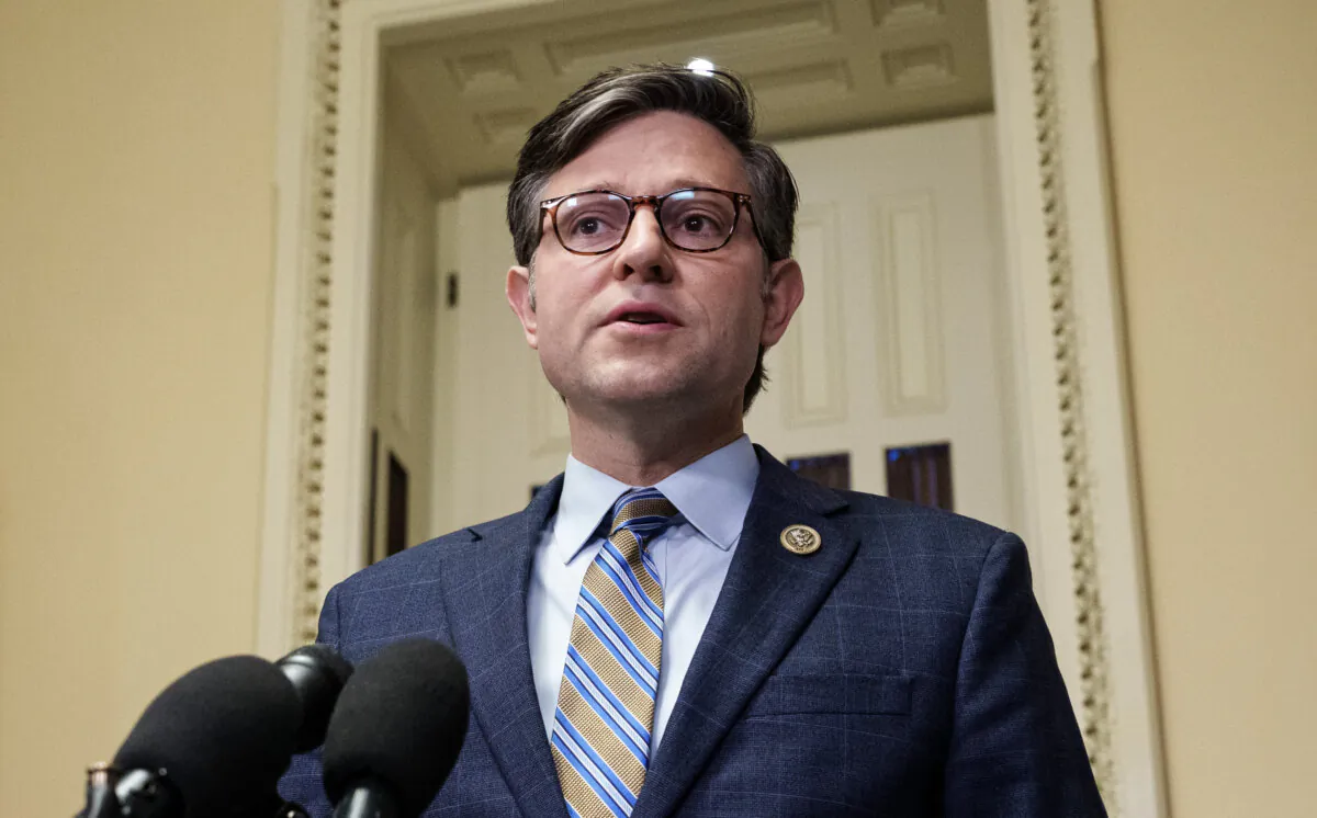 House Speaker Mike Johnson (R-La.) speaks to reporters  at the U.S. Capitol in Washington on Oct. 26, 2023. (Drew Angerer/Getty Images)