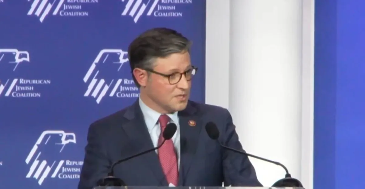 House Speaker Mike Johnson (R-La.) speaks at the Republican Jewish Coalition (RJC) Annual Leadership Summit 2023 in Las Vegas on Oct. 28, 2023, in a still from video released by NTD. (NTD)