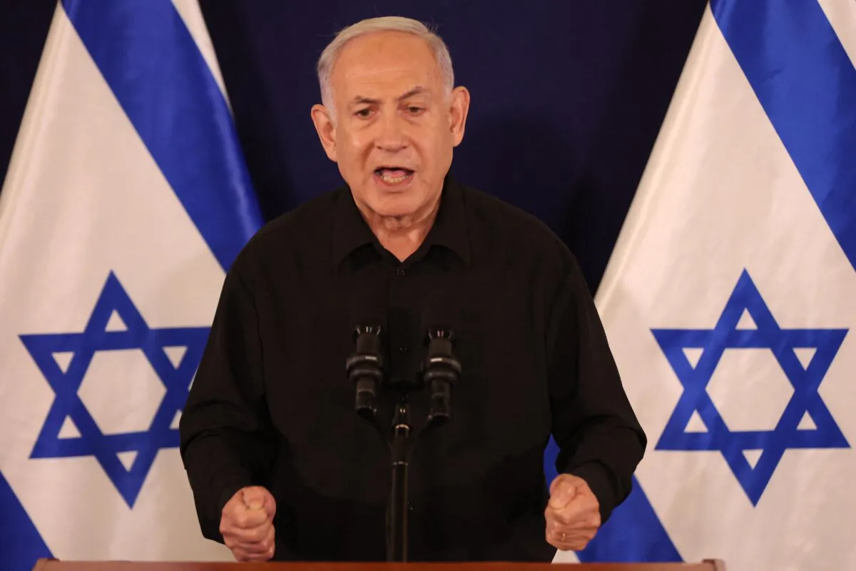 Israeli Prime Minister Benjamin Netanyahu speaks during a press conference in the Kirya military base in Tel Aviv, Israel, on Oct. 28, 2023, amid ongoing battles between Israel and the Palestinian group Hamas. (Abir Sultan/POOL/AFP via Getty Images)