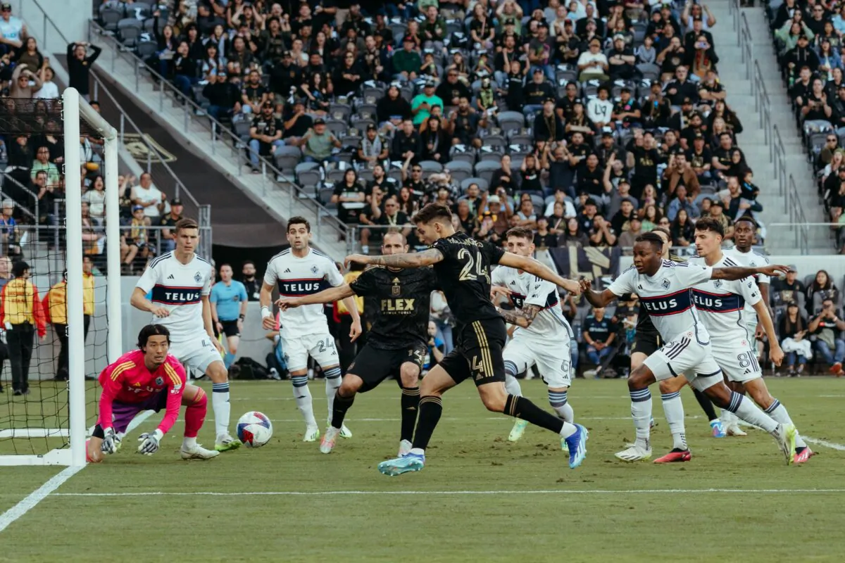 Los Angeles FC defender Ryan Hollingshead sets up to  score a goal against the Vancouver Whitecaps FC in the first half of game one in a round one match of the 2023 MLS Cup Playoffs in Los Angeles on Oct. 28, 2023. (Courtesy of LAFC via The Epoch Times)