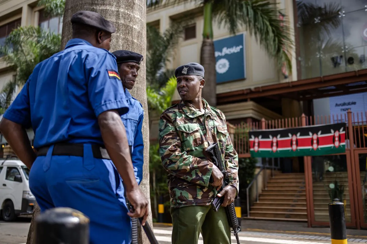 Kenya Police Service officers monitor access to the Westgate shopping mall in Nairobi, Kenya, on Sept. 21, 2023. (Luis Tato/AFP via Getty Images)