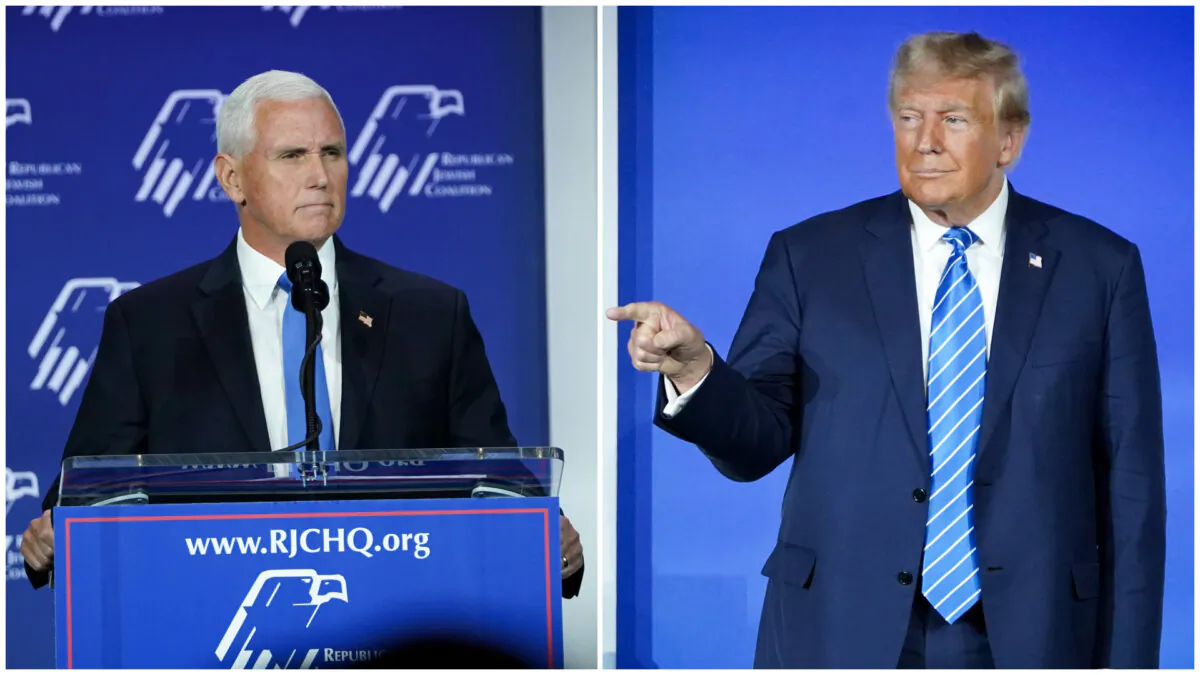 (Left) Former Vice President Mike Pence announces the suspension of his 2024 presidential candidacy at the Republican Jewish Coalition in Las Vegas on Oct. 28, 2023. (Right) Former President Donald J. Trump arrives at the event on Oct. 28, 2023. (Madalina Vasiliu/The Epoch Times)