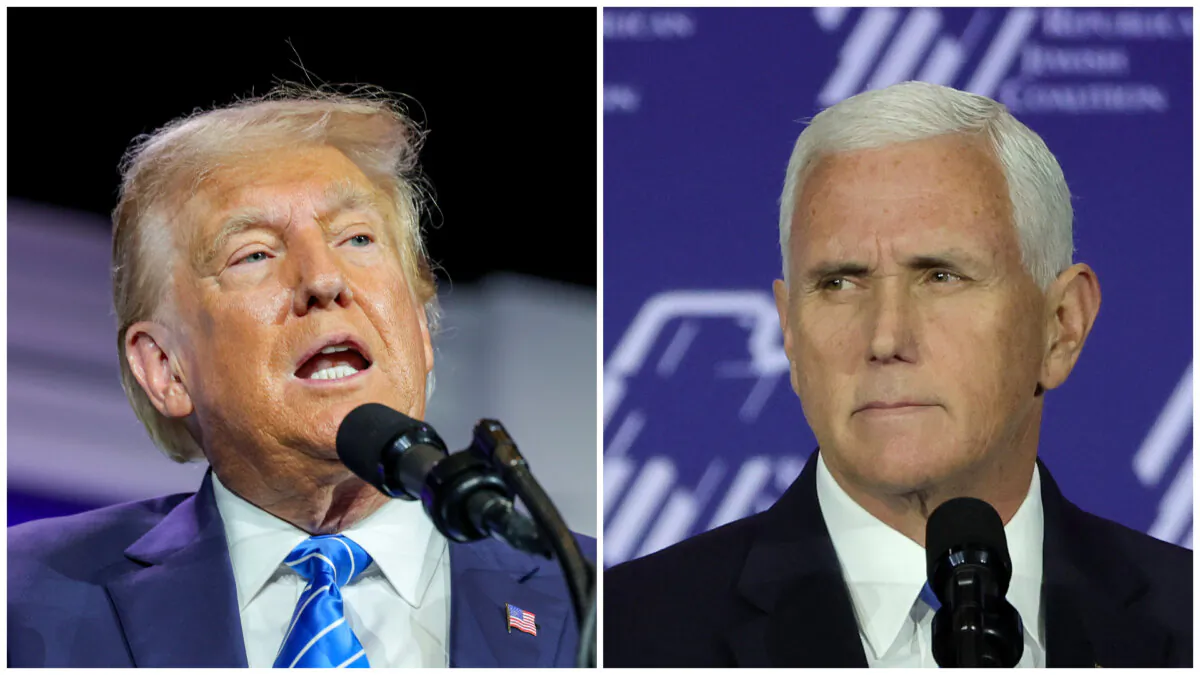 (Left) Republican presidential candidate former President Donald Trump speaks during the Republican Jewish Coalition's Annual Leadership Summit at The Venetian Resort Las Vegas in Las Vegas on Oct. 28, 2023. (Right) Republican presidential candidate former Vice President Mike Pence speaks during the Republican Jewish Coalition's Annual Leadership Summit at The Venetian Resort Las Vegas in Las Vegas on Oct. 28, 2023. (Ethan Miller/Getty Images)